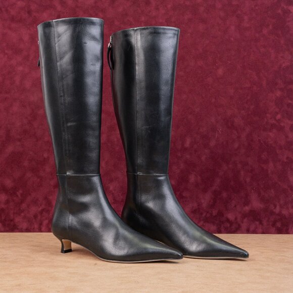 Aeyde Women Rhea Chiseled Black Leather Back Zipper Knee Boots sz 7US EUR38 - Picture 1 of 10